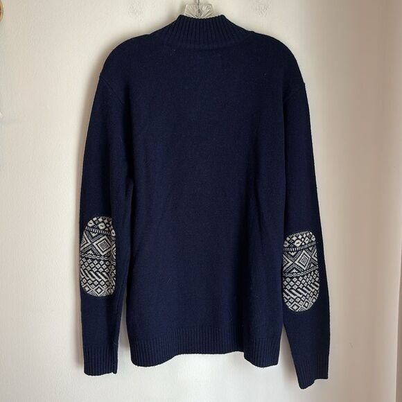 Penguin Dark Blue V-Neck Lambs wool Sweater Geometric Elbow Patch grandpa XL GUC - Picture 6 of 7
